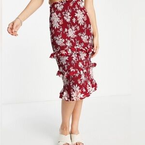 Abercrombie & Fitch Burgundy Floral Smocked Midi Skirt